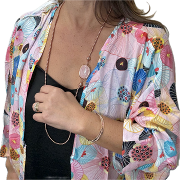 SET 2- 50% OFF! PINK LOTUS LONG KIMONO + OVAL ROSE QUARTZ STONE PENDANT+SATIN ROSE GOLD SATIN LONG STRAND NECKLACE + EDEN WALK ON WATER CUFF