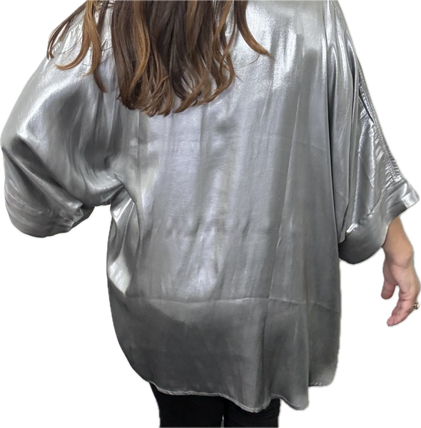 SET 7- 20% OFF!! SILVER METALLIC REVERSIBLE SQUARE KIMONO + PINK SHELL PEARL MEDIUM STRAND NECKLACE + BESPOKE FEATURE LINK CONNECTOR