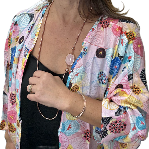 SET 2- 50% OFF! PINK LOTUS LONG KIMONO + OVAL ROSE QUARTZ STONE PENDANT+SATIN ROSE GOLD SATIN LONG STRAND NECKLACE + EDEN WALK ON WATER CUFF
