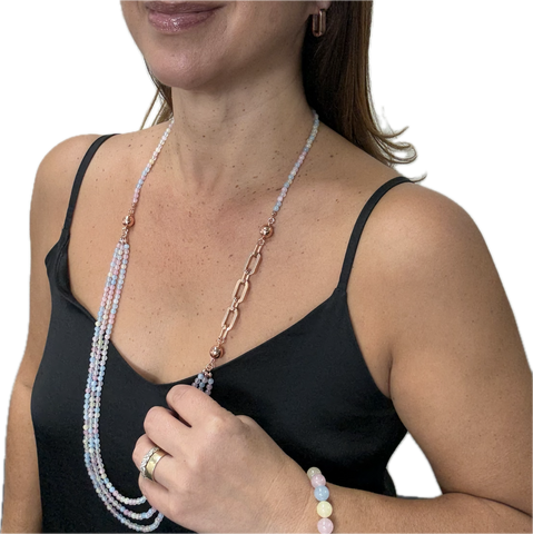 SET 3- 30% OFF! MORGANITE 10 WAY NECKLACE + PAPERCLIP CONNECTOR + RECTANGLE HOOP EARRINGS