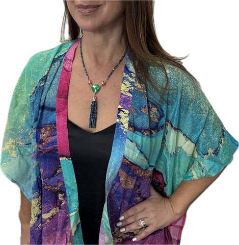 SET 4- 20% OFF! UNDER THE NORTHERN LIGHTS SHORT KIMONO+ EMERALD TRINITY   PYRAMID  PENDANT + BLUE SHADE TASSEL WITH CONVERISON