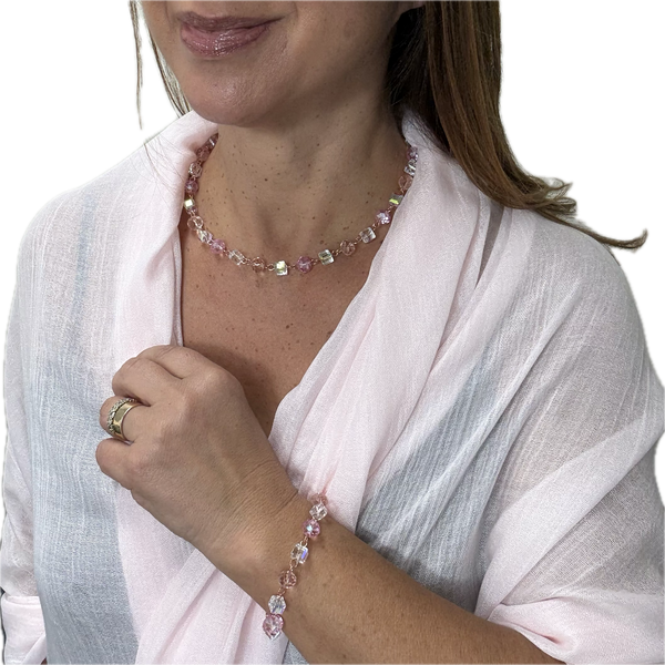 SET 7- 20% OFF! SOFT PINK BAMBOO SCARF+ CANDY PINK/AB/SOFT PINK CRYSTAL LINK NECKLACE & MATCHING BRACELET
