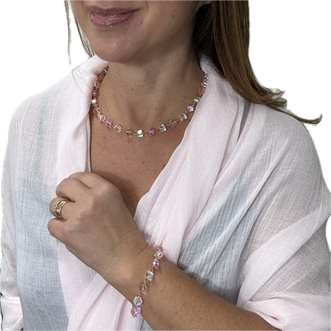 SET 7- 20% OFF! SOFT PINK BAMBOO SCARF+ CANDY PINK/AB/SOFT PINK CRYSTAL LINK NECKLACE & MATCHING BRACELET