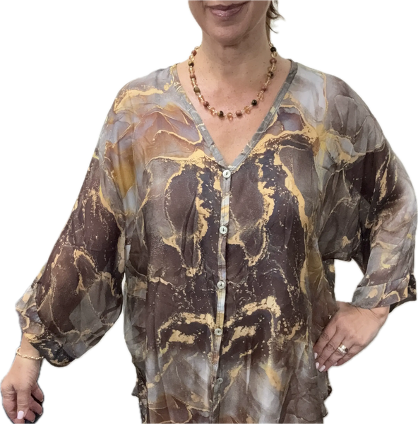 Italian Silk Blend Top - BUTTONED - Marbled - CHOCOLATE Italian Closet
