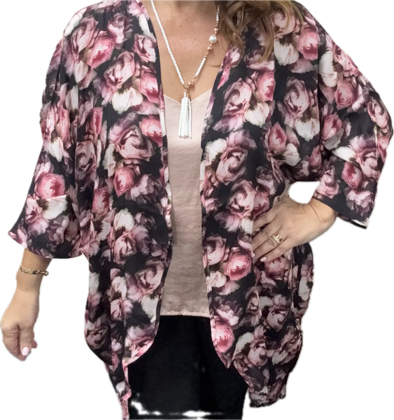 SET 1- 50% OFF!! PINK & CREAM PEONIES MODAL LONG KIMONO + WHITE FACETED AGATE TASSEL & MINI CONNECTORS + CREAM ROUND SHELL PEARL PENDANT FLASH SALE