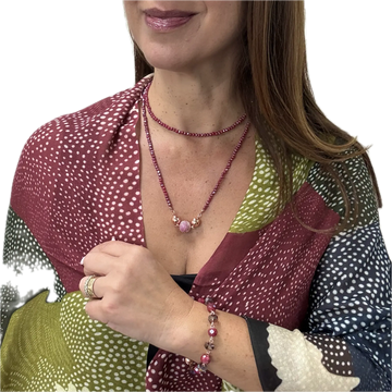 SET 2- 25% OFF! WILD FLIGHT MODAL SILK SCARF + RASPBERRY LONG STRAND + PLUM and RASPBERRY LINK BRACELET +  RUBY  PAVE PENDANT  (JULY BIRTHSTONE) FLASH SALE
