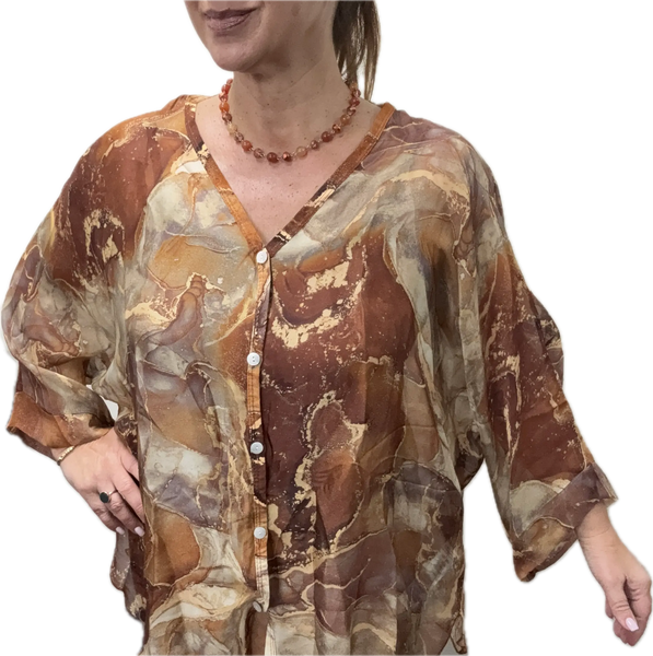 Italian Silk Blend Top - BUTTONED - Marbled - RUST Italian Closet
