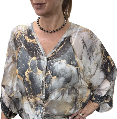 Italian Silk Blend Top - BUTTONED - Marbled Grey Tones