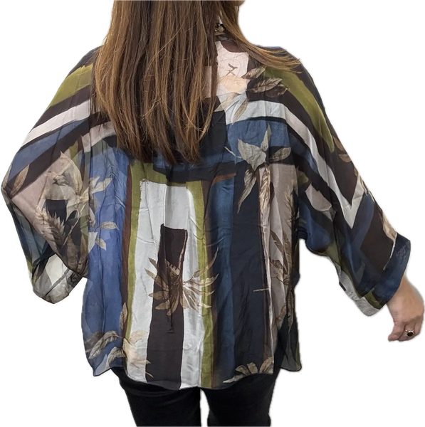 Italian Silk Blend Top - BUTTONED - Geometric Palm - NAVY Italian Closet