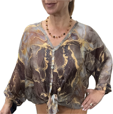 Italian Silk Blend Top - BUTTONED - Marbled - CHOCOLATE Italian Closet
