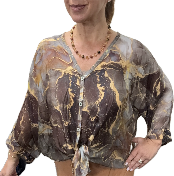 Italian Silk Blend Top - BUTTONED - Marbled - CHOCOLATE Italian Closet