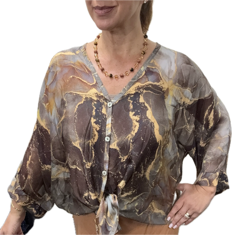 Italian Silk Blend Top - BUTTONED - Marbled - CHOCOLATE