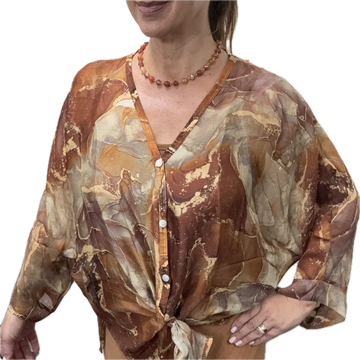 Italian Silk Blend Top - BUTTONED - Marbled - RUST Italian Closet