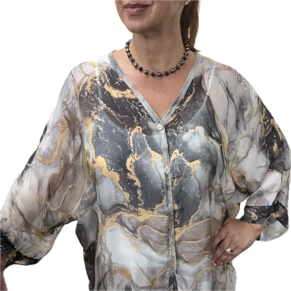 Italian Silk Blend Top - BUTTONED - Marbled Grey Tones Italian Closet