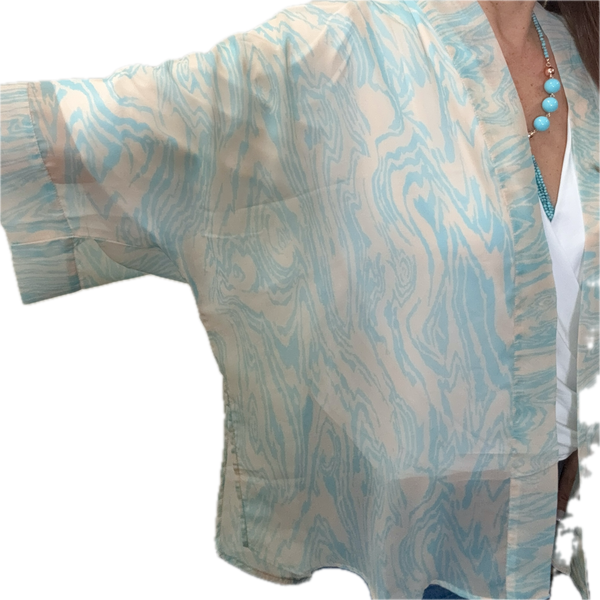 SET 1- 50% OFF! CREAM WITH TURQUOISE SWIRL SQUARE KIMONO + CONVERTED  TURQUOISE HOWLITE TASSEL + TURQUOISE SHELL PEARL PENDANT + TURQUOISE SHELL PEARL TRIPLE LINK CONNECTOR