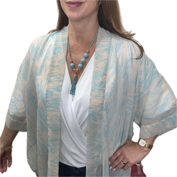 SET 1- 50% OFF! CREAM WITH TURQUOISE SWIRL SQUARE KIMONO + CONVERTED  TURQUOISE HOWLITE TASSEL + TURQUOISE SHELL PEARL PENDANT + TURQUOISE SHELL PEARL TRIPLE LINK CONNECTOR