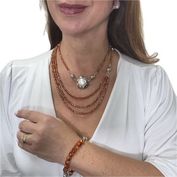 SET 4- 30% OFF!- ORANGE COPPER CRYSTAL 10 WAY NECKLACE + ORANGE COPPER CRYSTAL MINI CONNECTORS + METAL SURROUND PEARL PENDANT + PEARL STUD EARRINGS