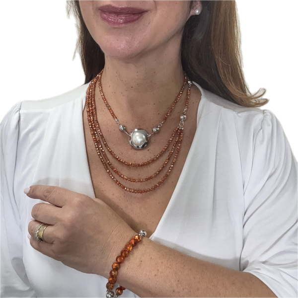 SET 4- 30% OFF!- ORANGE COPPER CRYSTAL 10 WAY NECKLACE + ORANGE COPPER CRYSTAL MINI CONNECTORS + METAL SURROUND PEARL PENDANT + PEARL STUD EARRINGS