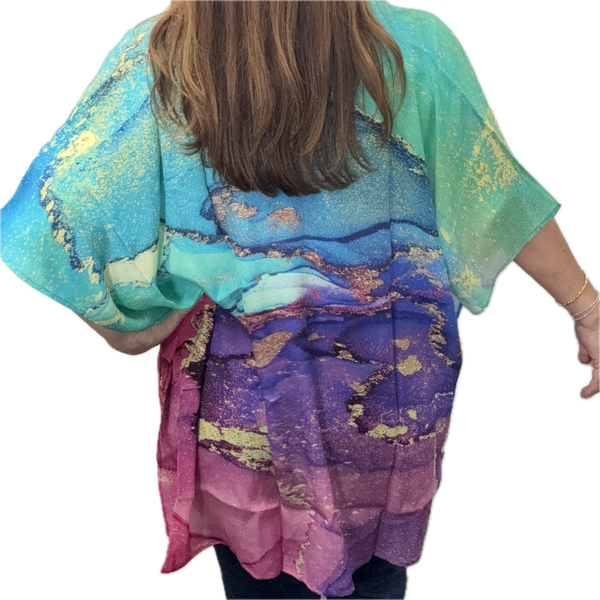 SET 7- 30 % OFF! UNDER THE NORTHERN LIGHTS SHORT KIMONO+ FUSCHIA CRYSTAL LONG STRAND+ TURQUOISE CRYSTAL LONG STRAND + RASPBERRY CRYSTAL LONG STRAND + BESPOKE  MATCHING LONG CRYSTAL EARRINGS