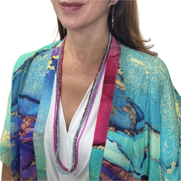 SET 7- 30 % OFF! UNDER THE NORTHERN LIGHTS SHORT KIMONO+ FUSCHIA CRYSTAL LONG STRAND+ TURQUOISE CRYSTAL LONG STRAND + RASPBERRY CRYSTAL LONG STRAND + BESPOKE  MATCHING LONG CRYSTAL EARRINGS
