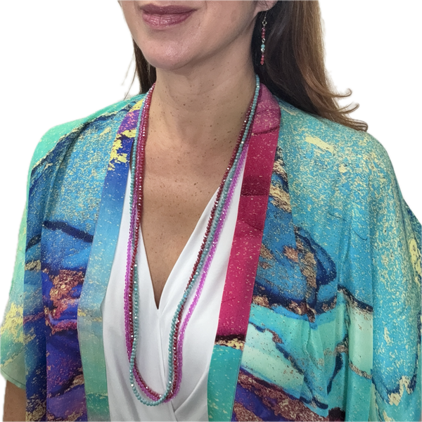 SET 7- 30 % OFF! UNDER THE NORTHERN LIGHTS SHORT KIMONO+ FUSCHIA CRYSTAL LONG STRAND+ TURQUOISE CRYSTAL LONG STRAND + RASPBERRY CRYSTAL LONG STRAND + BESPOKE  MATCHING LONG CRYSTAL EARRINGS