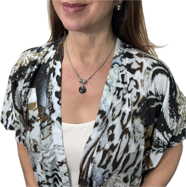 SET 6-20% OFF! ANIMAL PRINT SHORT KIMONO + SHORT WHEAT CHAIN NECKLACE+ BLACK AGATE MINI CIRCLE OF LOVE PENDANT + MINI HUG HOOP EARRINGS FLASH SALE