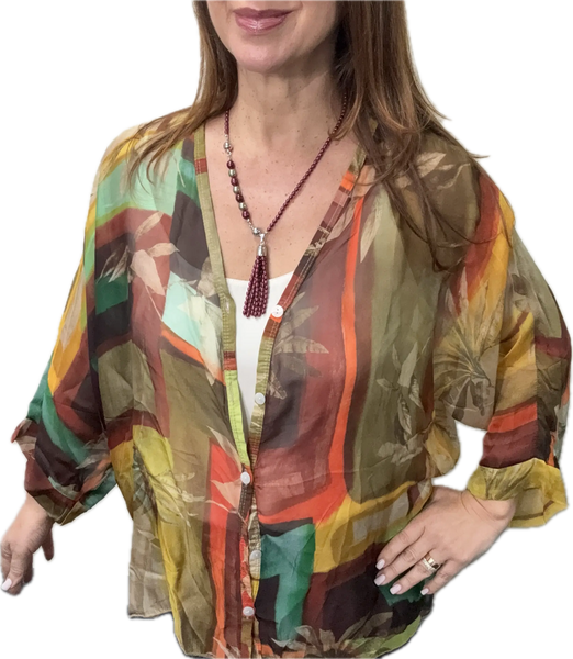 Italian Silk Blend Top - BUTTONED - Geometric Palm - ORANGE - ONLY 2 LEFT! Donna Donna