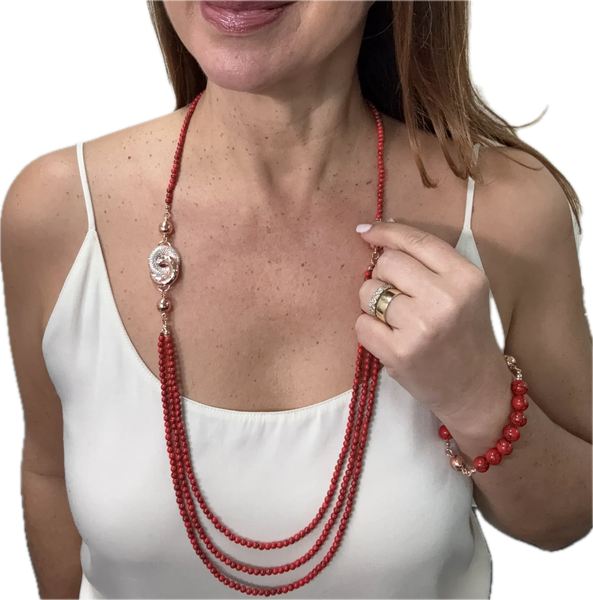 SET 4- 40% OFF! RED HOWLITE 10 WAY NECKLACE + MNX METAL /PAVE CRYSTAL PENDANT + PAVE STUD EARRINGS FLASH SALE