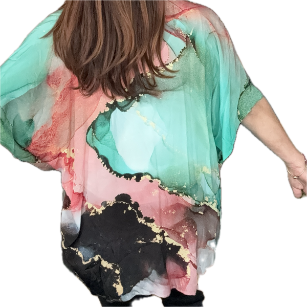 SET 9- 25% OFF EMERALD/ APRICOT MARBLING SHORT KIMONO + TURQUOISE CRYSTAL LONG STRAND + GREEN AB MEDIUM STRAND + GRADUATING PINK SHELL PEARL MINI CONNECTORS
