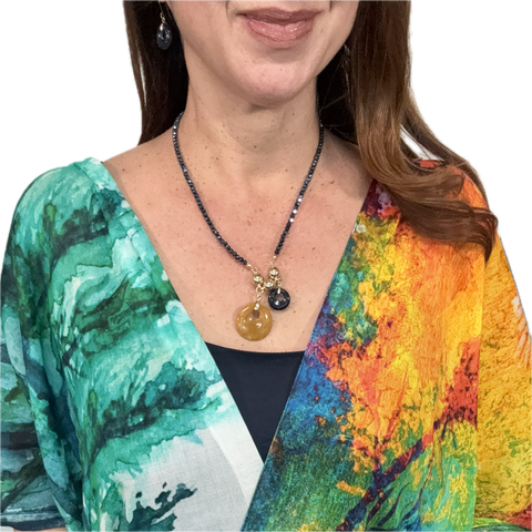 SET 1- 40% OFF! CHOICE OF COTTON MODAL SCARF WITH MIDNIGHT CRYSTAL MEDIUM STRAND + YELLOW AGATE CIRCEL OF LOVE PENDANT + MINI BLUE GOLDSTONE CIRCLE OF LOVE PENDANT AND MATCHING EARRINGS ( YELLOW GOLD ONLY) - SOLD OUT
