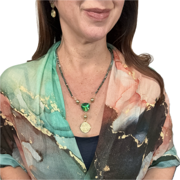 SET 8- 25% OFF!  EMERALD/APRICOT MARBLING MODAL SILK SCARF + SEA GREEN MEDIUM STRAND +LARGE  EMERALD TRINITY PYRAMID+ GRECIAN COIN LARIAT ENDS + GRECIAN COIN EARRINGS