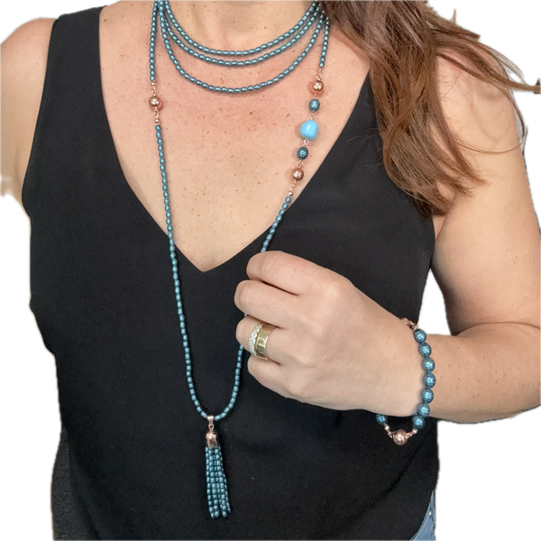 SET 4- 40% OFF! STEEL BLUE SHELL PEARL 10 WAY NECKLACE+ STEEL BLUE SHELL PEARL TASSEL + BESPOKE MINI FEATURE CONNECTOR FLASH SALE
