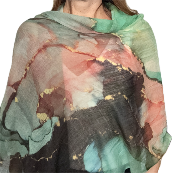 Scarf - Modal Silk - Emerald / Apricot Marbling Namaskar