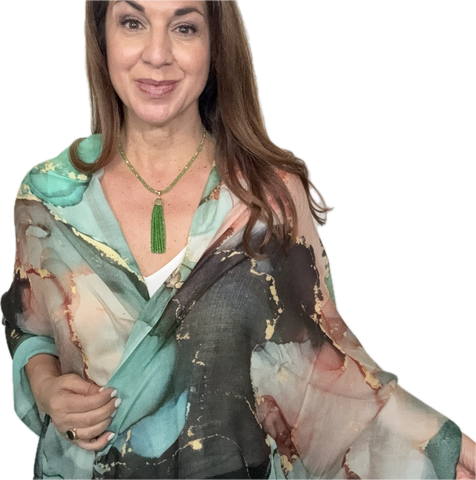 Scarf - Modal Silk - Emerald / Apricot Marbling