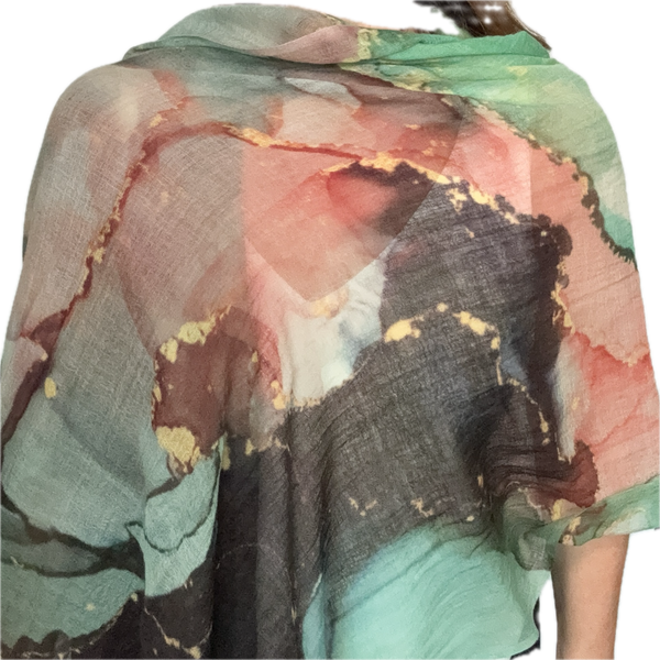 Scarf - Fine Wool - Emerald / Apricot Marbling Namaskar
