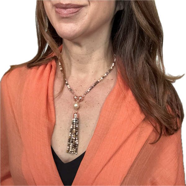 SET 2- 30% OFF! BURNT ORANGE BAMBOO SCARF + CONVERTED ZEBRA STONE TASSEL WITH BESPOKE SHELL PEARL FLASH SALE
