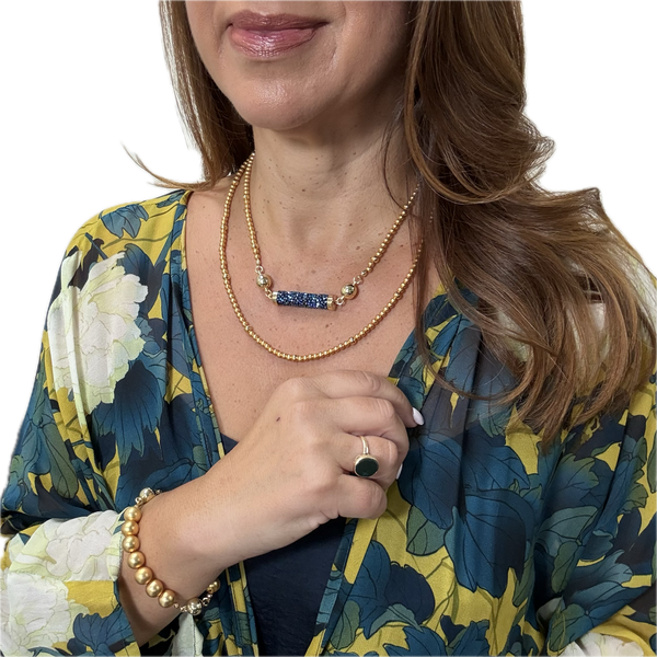 SET 1-  50% OFF! MUSTARD FLORAL LONG KIMONO ( MODAL or VISCOSE) + SATIN METAL YELLOW GOLD LONG STRAND + SATIN  METAL YELLOW GOLD CONNECTORS + BLUE ENCRUSTED CYLINDER PENDANT