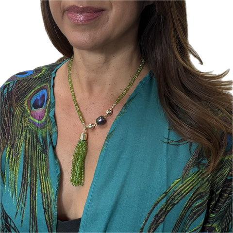 SET 8- 40% OFF! TEAL PEACOCK MODAL LONG KIMONO + CRACKED PERIDOT TASSEL + PURPLE ORAGANIC SHELL PEARL PENDANT