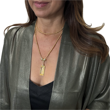 SET 6- 30% OFF! METALLIC SAGE SQUARE KIMONO+ SATIN YELLOW GOLD LONG STRAND +AB  RECTANGULAR GROWING CRYSTAL PENDANT