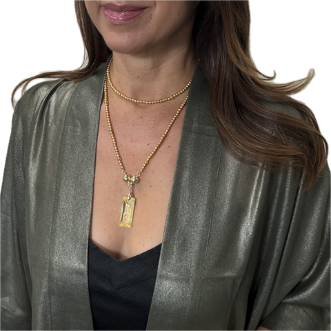 SET 6- 30% OFF! METALLIC SAGE SQUARE KIMONO+ SATIN YELLOW GOLD LONG STRAND +AB  RECTANGULAR GROWING CRYSTAL PENDANT