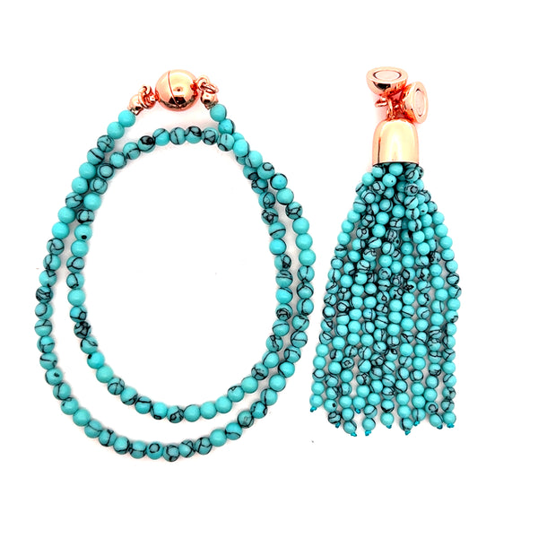 SET 1- 50% OFF! CREAM WITH TURQUOISE SWIRL SQUARE KIMONO + CONVERTED  TURQUOISE HOWLITE TASSEL + TURQUOISE SHELL PEARL PENDANT + TURQUOISE SHELL PEARL TRIPLE LINK CONNECTOR
