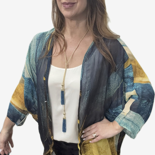 SET 1- 40% OFF! GILDED LEAVES VISCOSE LONG KIMONO+ LONG /LARIAT WHEAT CHAIN NECKLACE + DARK TEAL CRYSTAL TASSEL LARIAT ENDS FLASH SALE