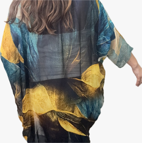SET 1- 40% OFF! GILDED LEAVES VISCOSE LONG KIMONO+ LONG /LARIAT WHEAT CHAIN NECKLACE + DARK TEAL CRYSTAL TASSEL LARIAT ENDS FLASH SALE