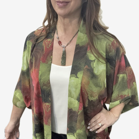 SET 2- 30% OFF! MARBLED WATERMELON SILKY SQUARE KIMONO+ SEA GREEN CRYSTAL TASSEL + RED MAGMA OVAL CRYSTAL PENDANT