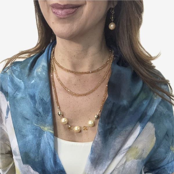 SET 7- 20% OFF! WHITE DAISIES ON BLUE COTTON MODAL SCARF + GOLDEN CRYSTAL LONG & MEDIUM STRANDS+ BESPOKE MIXED YELLOW AND GOLDEN CRYSTAL LINK CONNECTOR+ MATCHING EARRINGS FLASH SALE