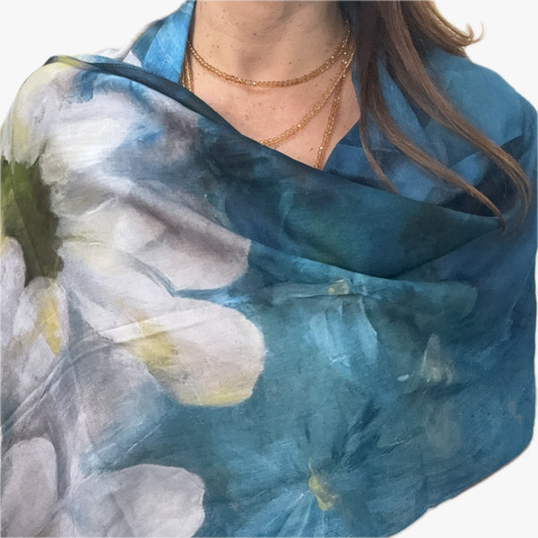 SET 7- 20% OFF! WHITE DAISIES ON BLUE COTTON MODAL SCARF + GOLDEN CRYSTAL LONG & MEDIUM STRANDS+ BESPOKE MIXED YELLOW AND GOLDEN CRYSTAL LINK CONNECTOR+ MATCHING EARRINGS FLASH SALE