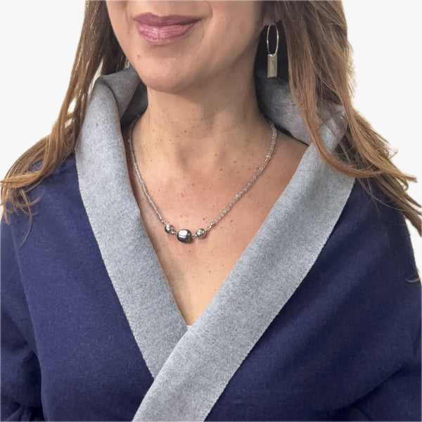SET 3- 25% OFF! NAVY WINTER SCARF + INGOT CHARM HOOP EARRINGS + LABRADORITE MEDIUM STRAND + PURPLE ORGANIC PEARL PENDANT FLASH SALE
