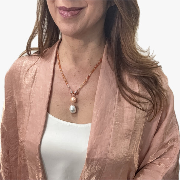 SET 8- 30%OFF! PEACH METALLIC REVERSIBLE SQUARE KIMONO+ ORANGE AGATE MEDIUM STRAND+ BESPOKE APRICOT AND BAROQUE SHELL PEARL HANGING PENDANT FLASH SALE