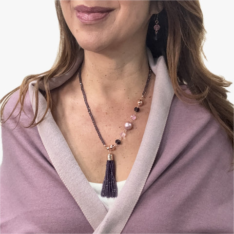 SET 5- SOLD OUT!! 20% OFF! PURPLE/LILAC WINTER SCARF + GRAPE CRYSTAL TASSEL +BESPOKE DUSTY ROSE SHELL PEARL / CANDY PINK & GRAPE CRYSTAL LINK CONNECTOR + CANDY PINK/ GRAPE CRYSTAL EARRINGS