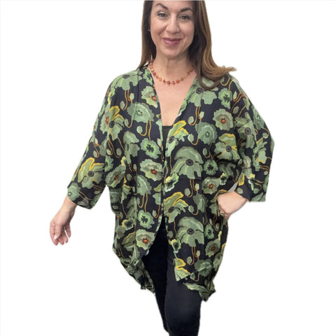 Long Kimono - Green Flowers on Black - MODAL - 20% OFF! SOLD OUT